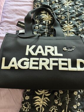 Karl Lagerfeld Black Tote with White Logo Beaded Lettering
